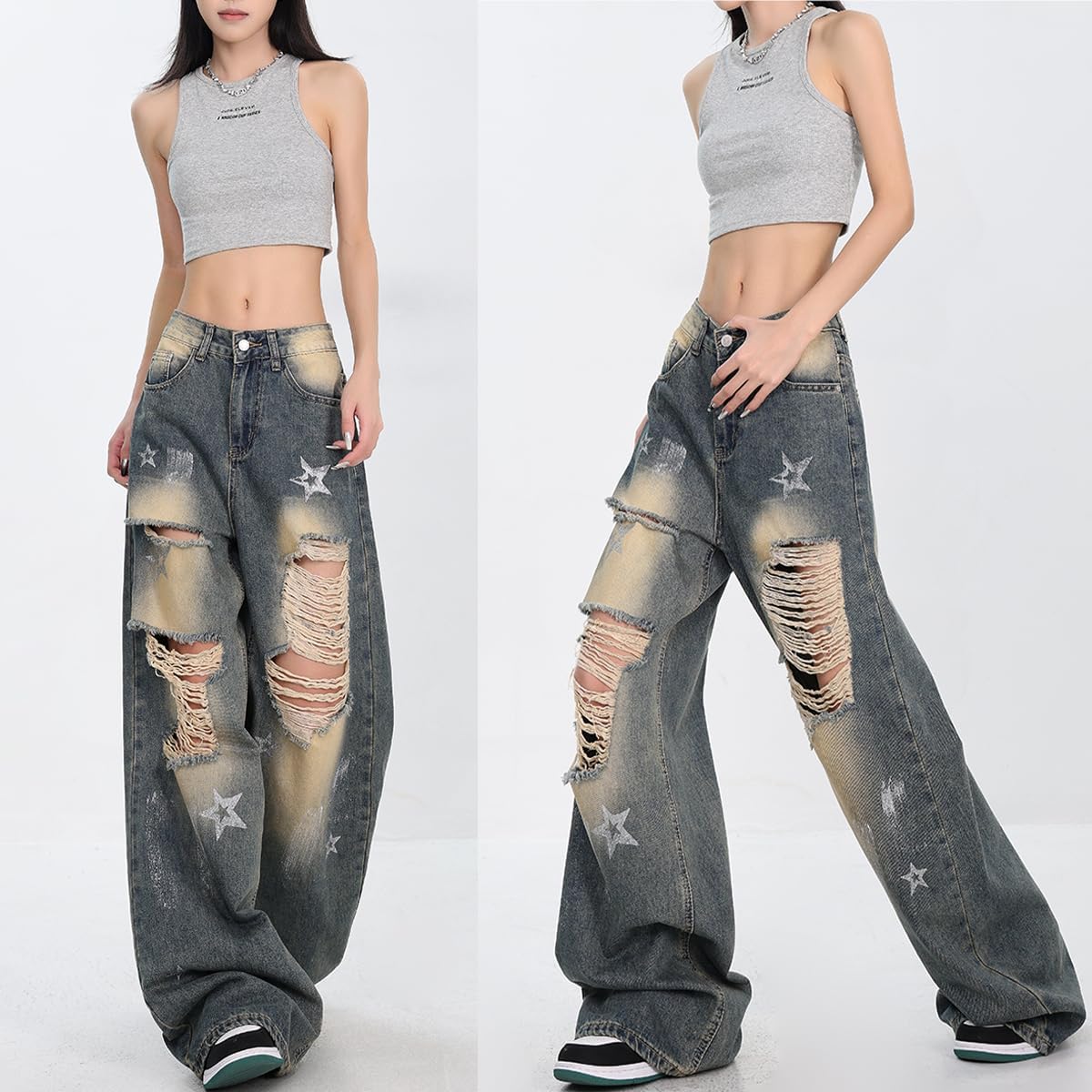 Size S/M Fashion Vintage High Waisted Baggy Wide Leg Ripped Jeans Y2K Star Washed Casual Straight Leg Denim Pants